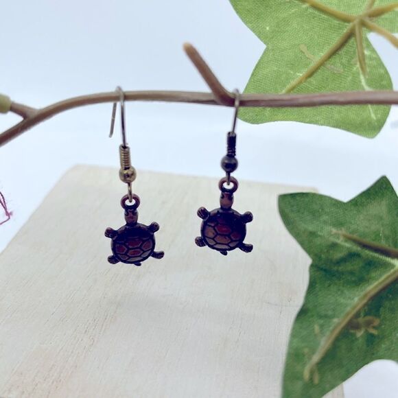 Turtle Antique Bronze Dangling Earrings Handcrafted Nautical Sea-life Coastal - Picture 9 of 9